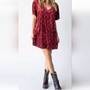 Natural Life Sz M Boho Floral Cowgirl Velvet Cottagecore Peasant Mini Dress